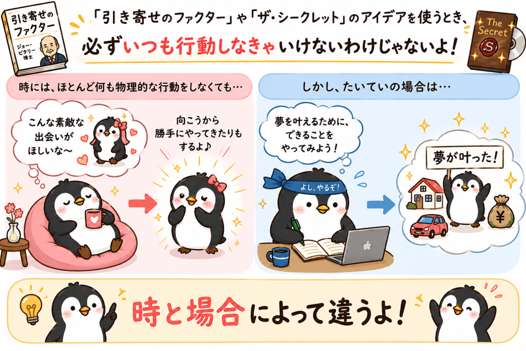 alt="引き寄せの法則では願いが自然に叶うこともあれば、インスピレーションに従って行動することも大切であり、時と場合によって違うことを解説したイラスト"