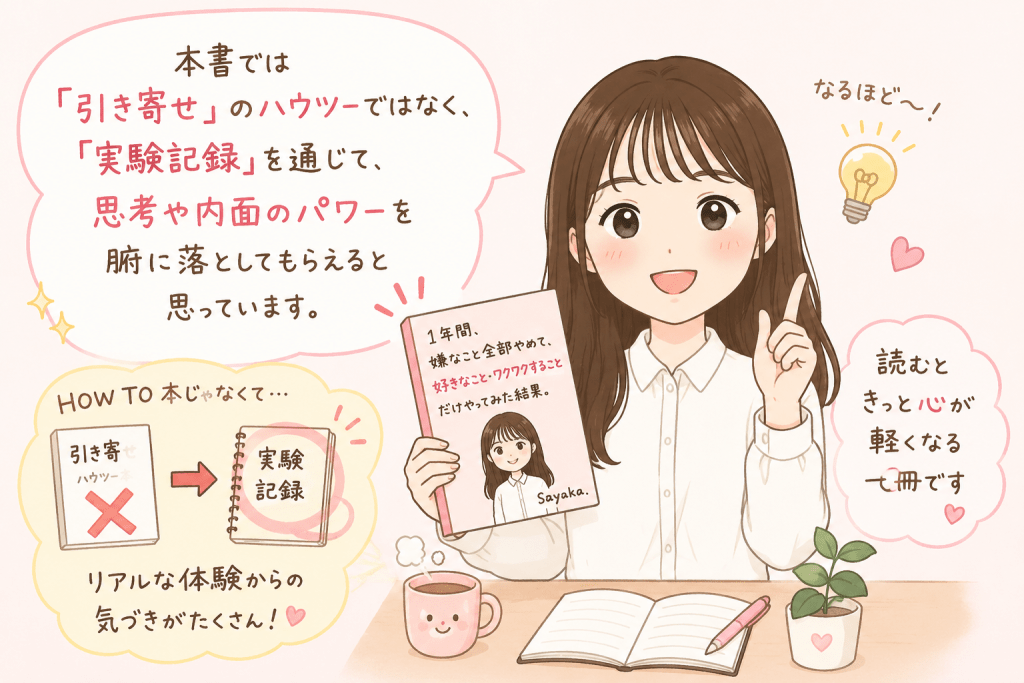 alt="Sayaka.さんが、本書は「引き寄せ」のハウツー本ではなく、1年間の実験記録を通して思考や内面の力を伝える本だと読者に語りかけているイラスト。"