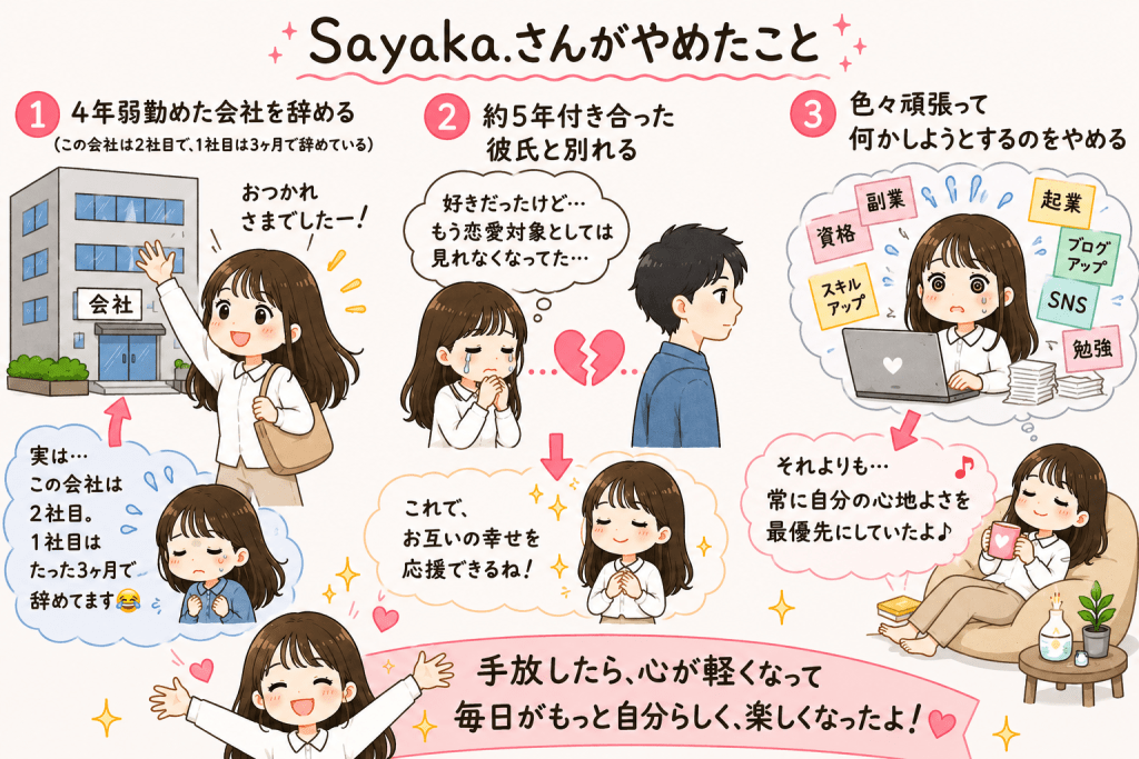 alt="Sayaka.さんが会社・恋愛・頑張りすぎを手放し、自分の心地よさを優先して毎日を楽しく過ごせるようになったことを紹介するイラスト"