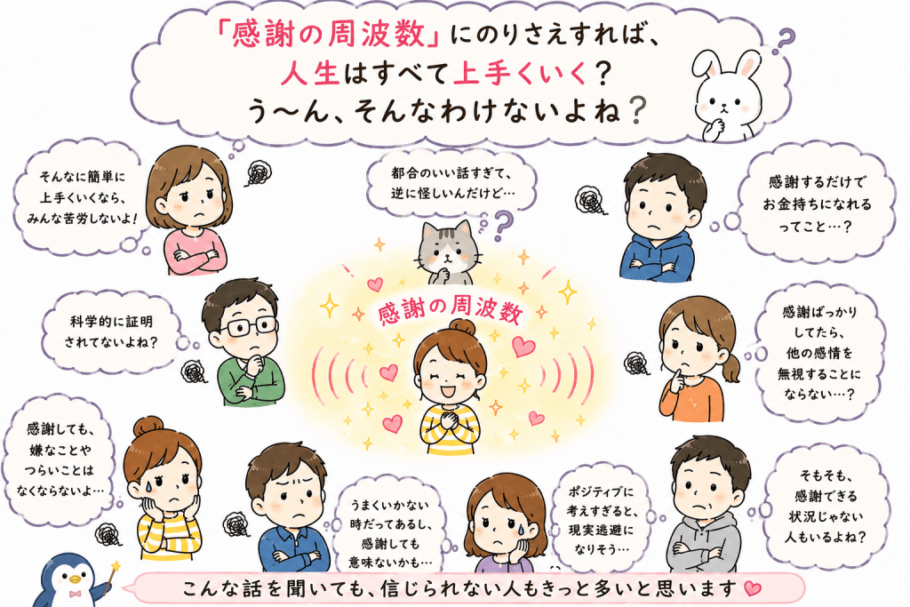 alt="「感謝の周波数」に乗るだけで人生がすべてうまくいくという考えに、多くの人が疑問や不安を抱く様子を描いたイラスト"
