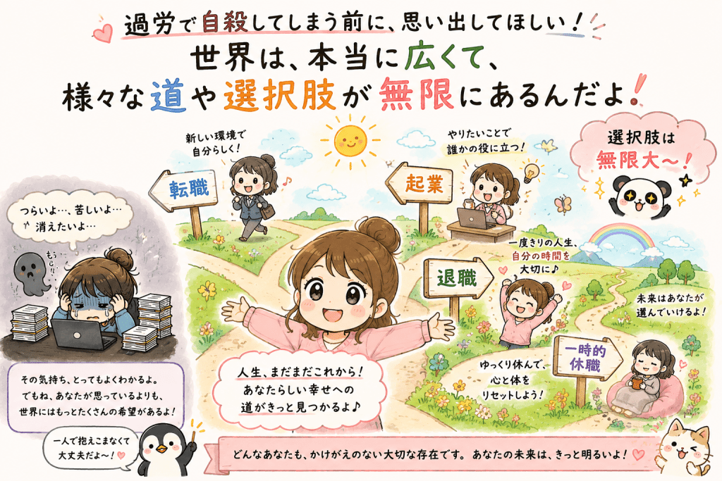 alt="過労で限界を迎える前に、転職・退職・休職・起業など人生にはさまざまな道や選択肢があることを思い出してほしいというメッセージを表現したイラスト"