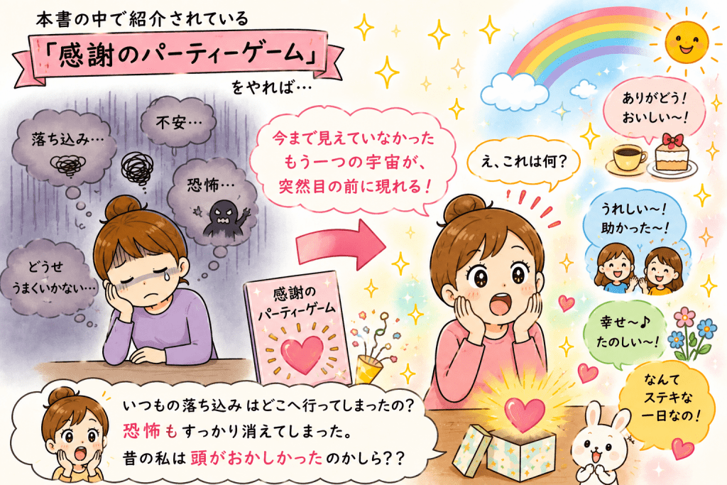 alt="『感謝のパーティーゲーム』を実践すると、感謝できることにあふれた新しい世界が見え始め、落ち込みや恐怖が消えていく様子を描いたイラスト"