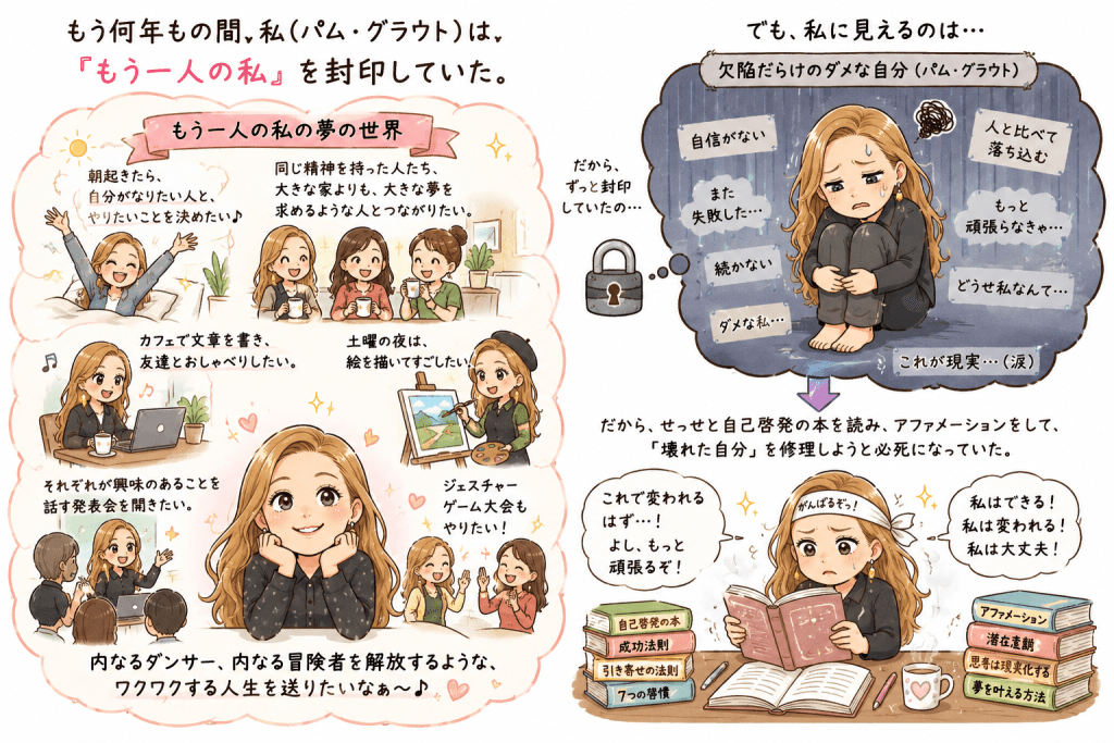 alt="パム・グラウトが本当の自分の夢や創造性を封印し、「欠陥だらけの自分」を直そうと自己啓発に励んでいた頃を表現したイラスト"