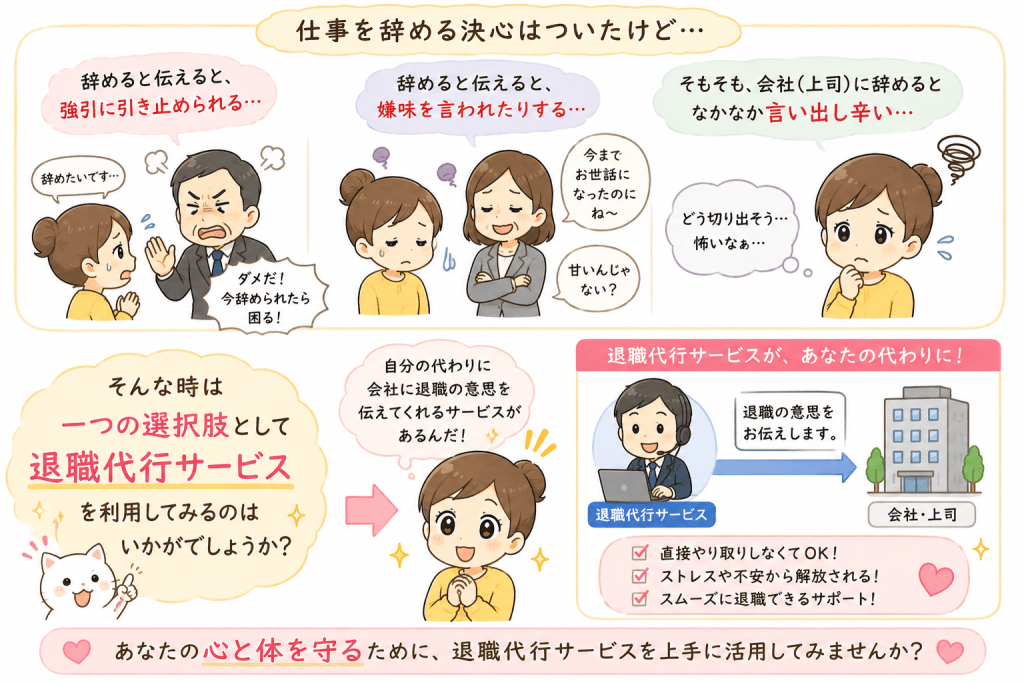 alt="上司からの引き止めや嫌味、退職を言い出しにくい悩みを抱える人に対し、退職代行サービスを利用して心身の負担を減らす方法を説明したイラスト"