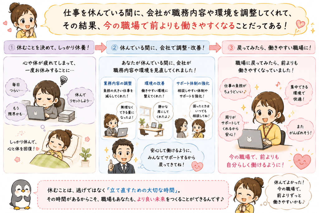 alt="仕事を休んでいる間に会社が職務内容や職場環境を見直し、その結果、以前よりも働きやすい職場になって安心して復職できることを説明したイラスト"