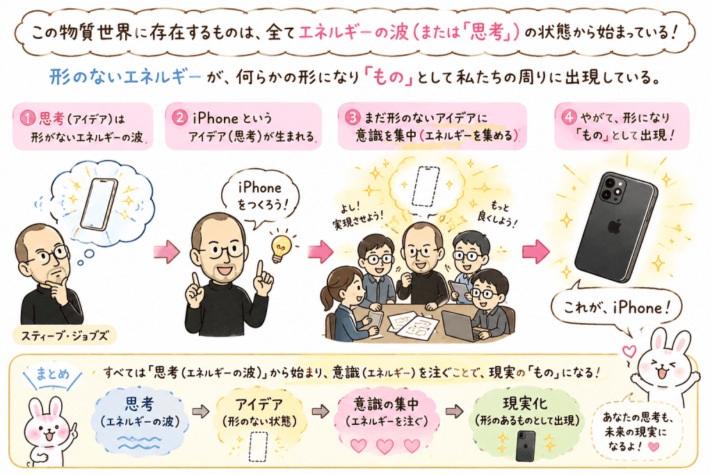 alt="すべての物質は思考というエネルギーから始まり、アイデアに意識を集中することで現実化する仕組みをiPhoneの誕生を例に説明したイラスト"