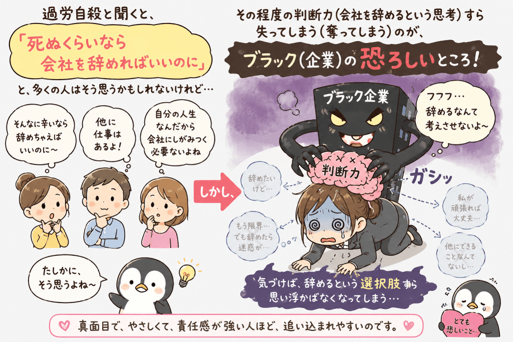 alt="「死ぬくらいなら会社を辞めればいい」と思われがちな一方で、ブラック企業では会社を辞めるという判断力さえ失ってしまうことを説明したイラスト"