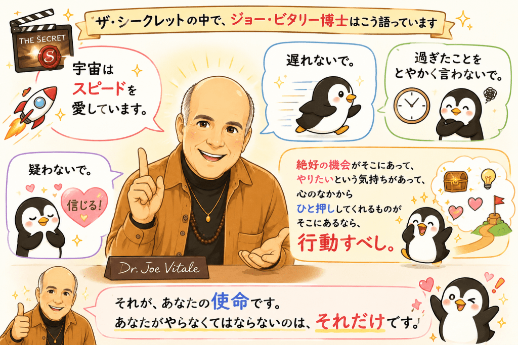 alt="ジョー・ビタリー博士が『ザ・シークレット』で語る、インスピレーションを受けたら迷わず行動する大切さを説明したイラスト"