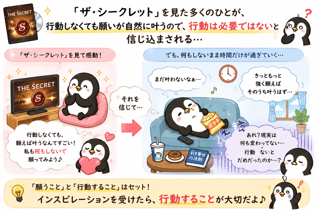 alt="『ザ・シークレット』を見た多くの人が、行動しなくても願いは自然に叶うと思い込んでしまう考え方を説明したイラスト"