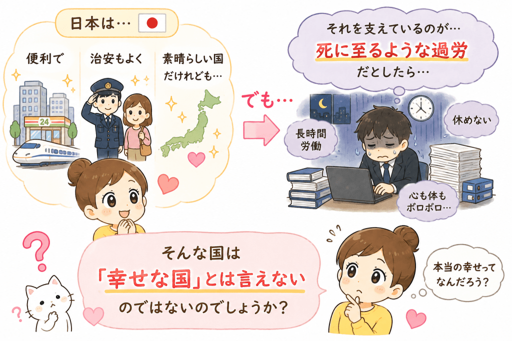 alt="日本の便利さや治安の良さと、過労によって心身をすり減らしながら働く人の姿を対比し、本当の豊かさについて考えるイラスト"