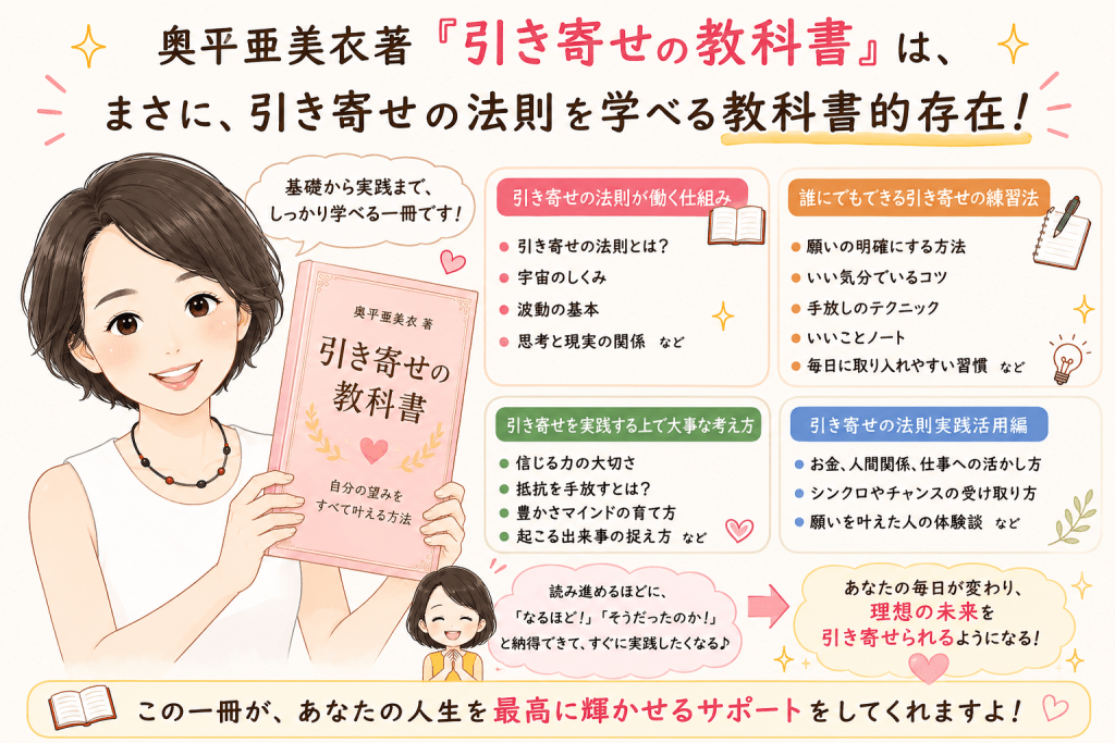 alt="奥平亜美衣著『引き寄せの教科書』は、引き寄せの法則の基礎から実践的な活用法まで学べる教科書的な一冊であることを紹介したイラスト"