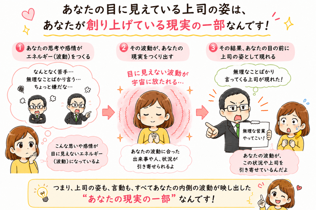 alt="思考や感情から生まれた波動が現実をつくり、目の前の上司の姿も自分が創り上げている現実の一部であることを説明したイラスト"