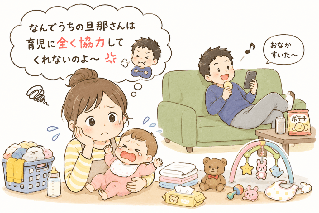 alt="育児に協力してくれない夫に不満を抱え、赤ちゃんをあやしながら悩んでいる妻を描いたイラスト"