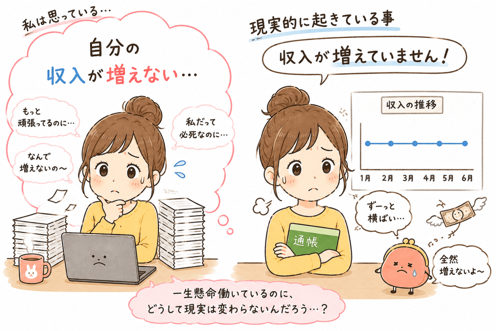 alt="「収入が増えない」と思っていることと、現実でも収入が増えていない状況を表したイラスト"