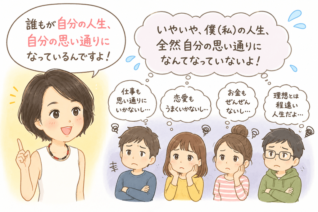 alt="奥平亜美衣さんが「誰もが自分の人生は思い通りになっている」と語りかける一方で、読者が「自分の人生は思い通りになっていない」と疑問を抱く様子を描いたイラスト"