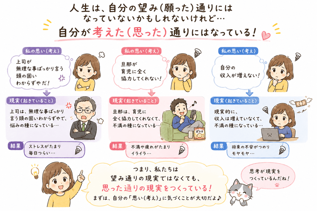 alt="人生は望み通りではなくても、自分が思った通りの現実になっていることを、上司・育児・収入の3つの例で説明したイラスト"