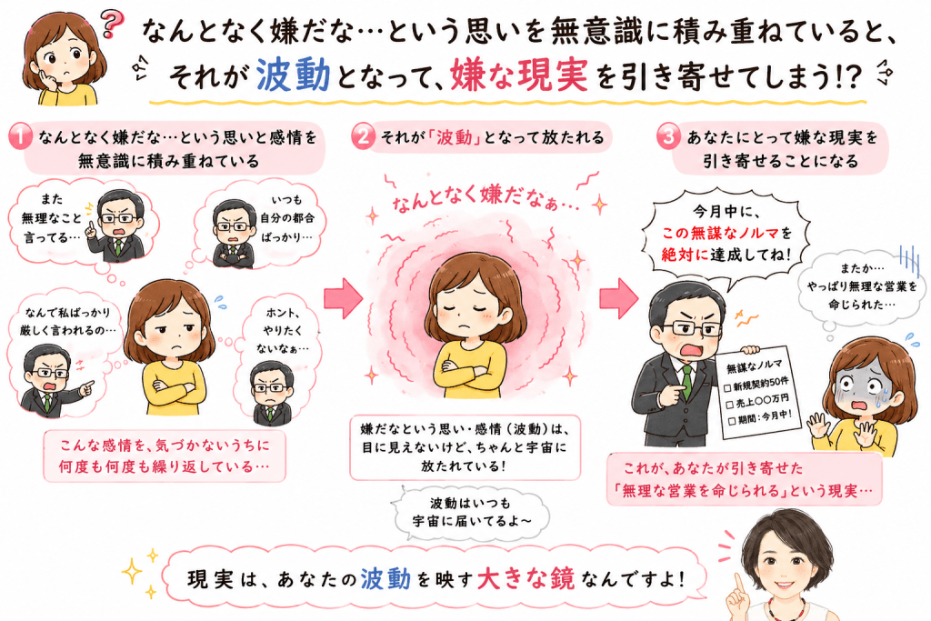 alt="上司への嫌な思いや感情が波動となり、「無理な営業を命じられる」という現実を引き寄せる仕組みを説明したイラスト"