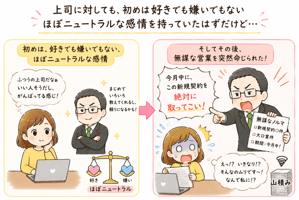 alt="最初は好きでも嫌いでもなかった上司に対し、突然無理な営業を命じられたことで「嫌い」という感情が生まれる様子を描いたイラスト"