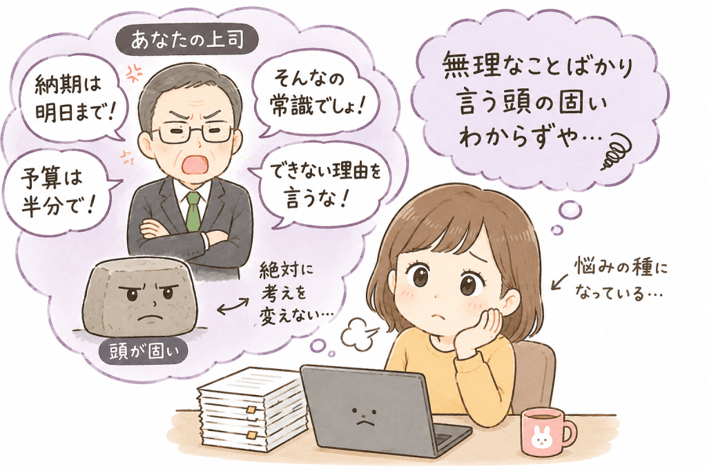 alt="無理な要求ばかりする頭の固い上司に悩み、仕事のストレスを抱えている会社員を描いたイラスト"