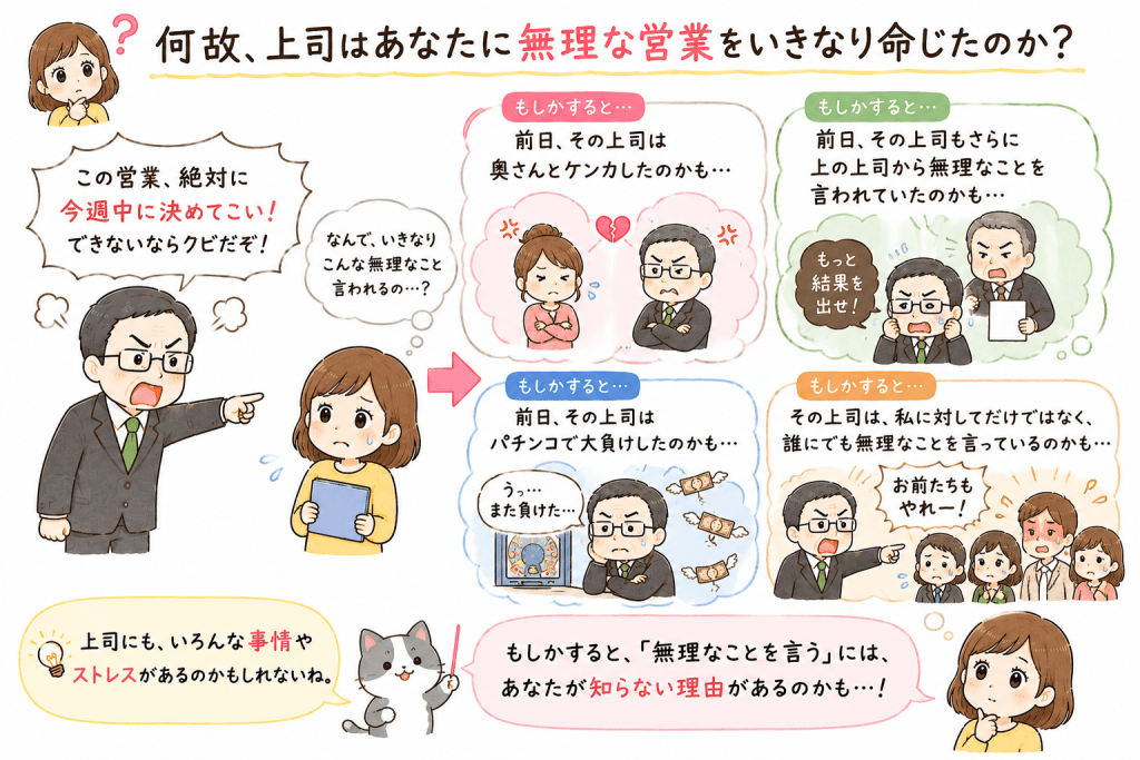 alt="上司が無理な営業を命じた背景には、家庭や職場でのストレスなど、自分の知らない事情があるかもしれないことを説明したイラスト"