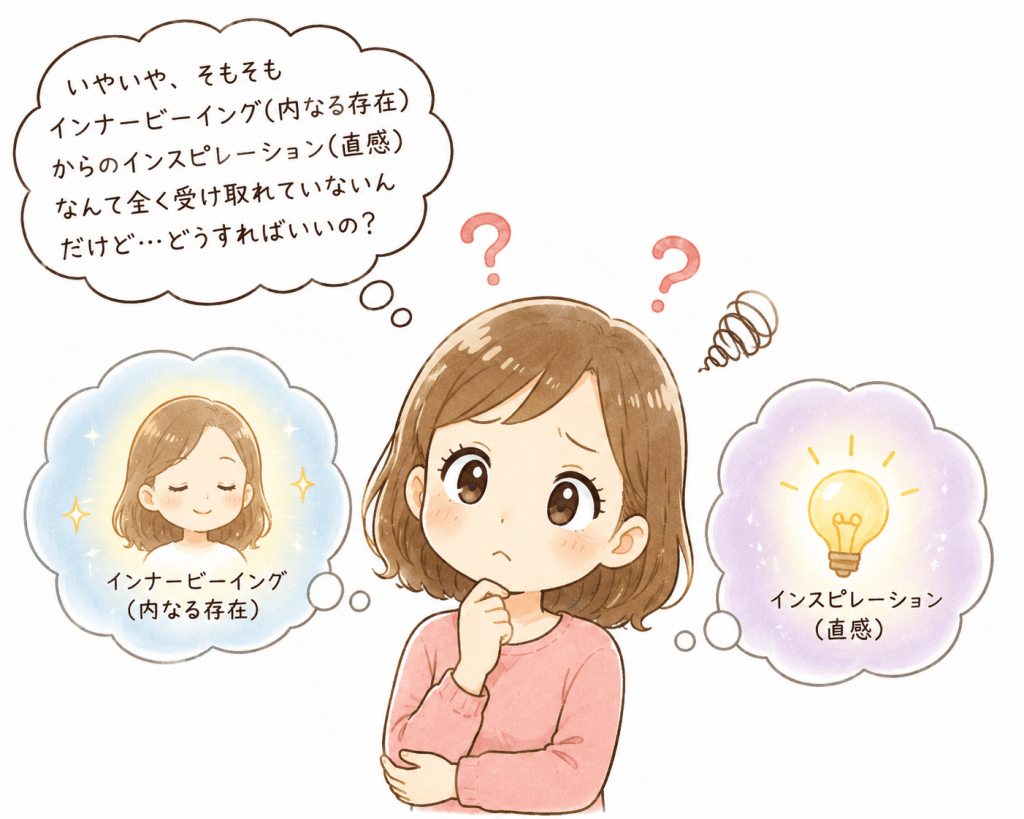 alt="インナービーイング（内なる存在）からインスピレーション（直感）を受け取れていないと悩む人物のイラスト"