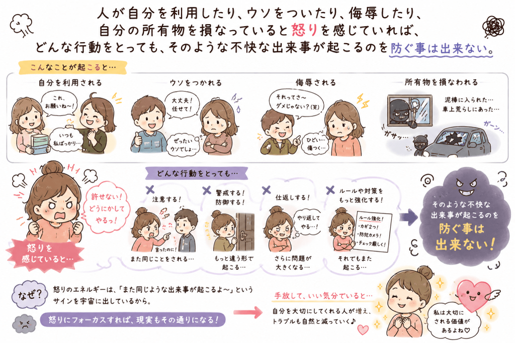 alt="怒りに意識を向け続けると、人に利用されたり、ウソをつかれたり、侮辱されたりするなどの不快な出来事を繰り返し引き寄せてしまうという考え方を解説したイラスト"