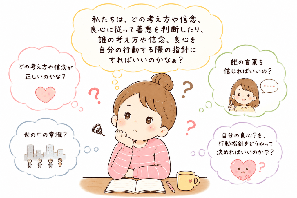 alt="自分の良心や行動指針をどのように決めればよいのか、考え方や信念、世の中の常識との向き合い方に悩む人物を描いたイラスト"