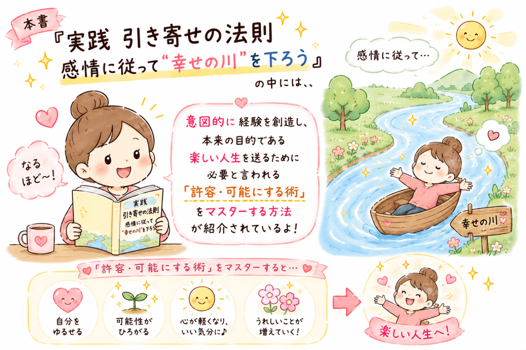 alt="『実践 引き寄せの法則 感情に従って"幸せの川"を下ろう』で紹介される、意図的に経験を創造し、「許容・可能にする術」を身につけて楽しい人生を送る方法を表したイラスト"