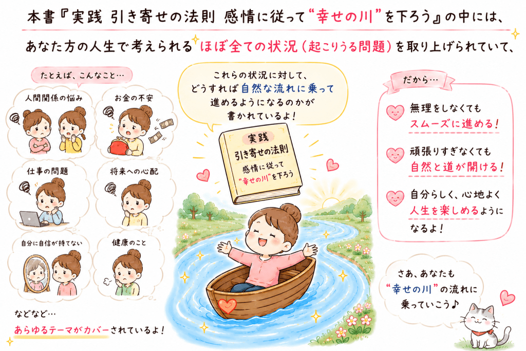 alt="『実践 引き寄せの法則 感情に従って"幸せの川"を下ろう』で紹介される、人間関係・お金・仕事・健康など人生のさまざまな悩みに対し、自然な流れに乗って進む方法を解説したイラスト"