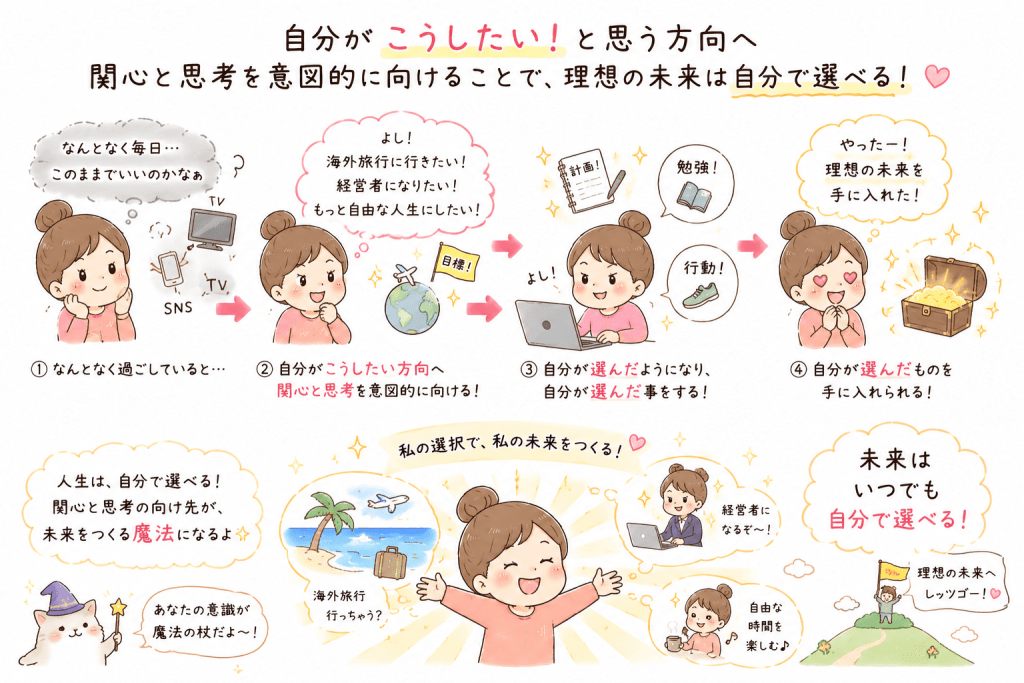 alt="自分が望む未来へ関心と思考を意図的に向けることで、理想の未来を選び、行動し、夢を実現していく流れを解説したイラスト"