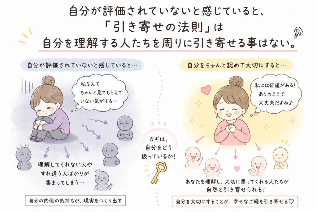 alt="『実践 引き寄せの法則 感情に従って"幸せの川"を下ろう』で紹介されている、自分を大切にすることで理解者や良いご縁を引き寄せやすくなる考え方を解説したイラスト"