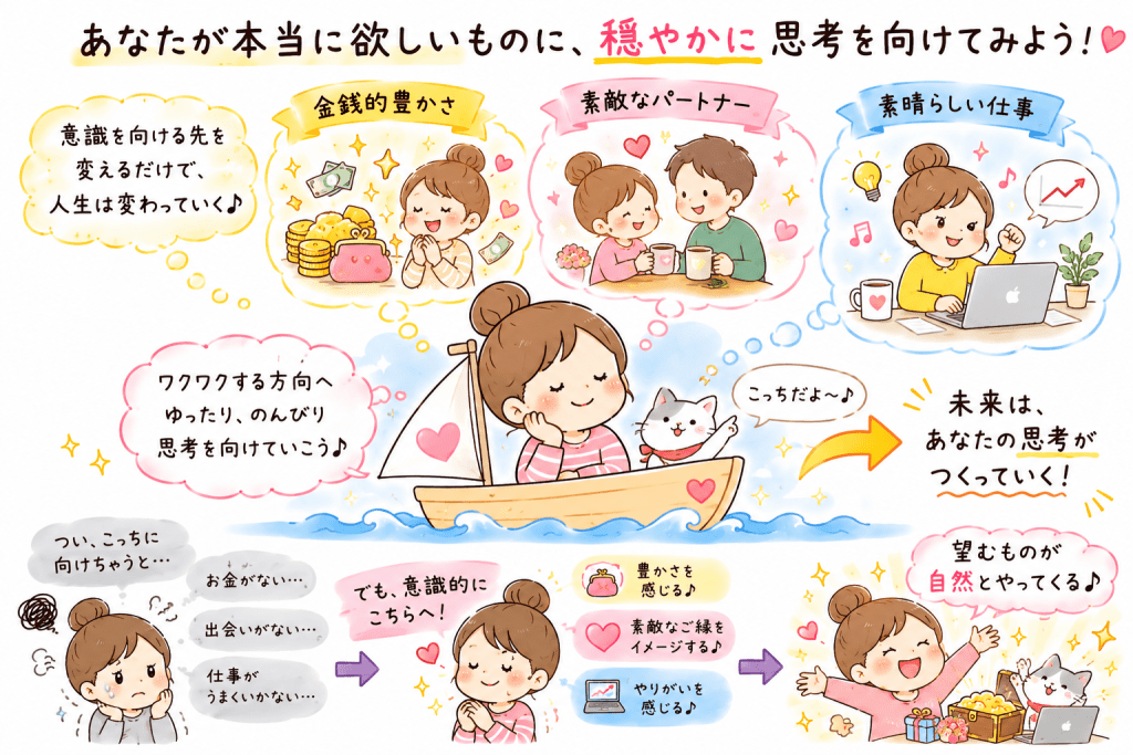 alt="引き寄せの法則では、お金・恋愛・仕事など本当に望む未来へ穏やかに意識を向けることで、理想の現実を引き寄せやすくなることを解説したイラスト"
