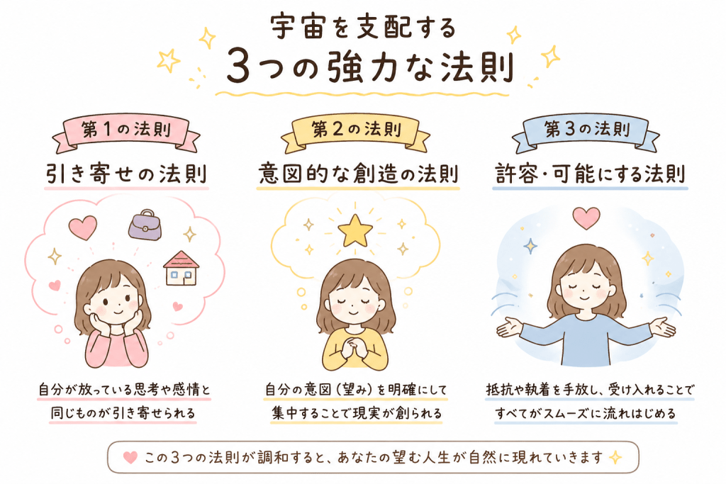 alt="引き寄せの法則・意図的な創造の法則・許容・可能にする法則という、宇宙を支配する3つの法則をかわいいイラストで解説した図"