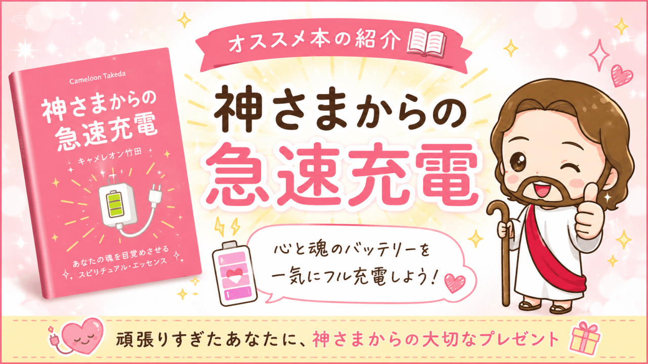alt="「キャメレオン竹田著『神さまからの急速充電』を紹介するブログのアイキャッチ画像」"