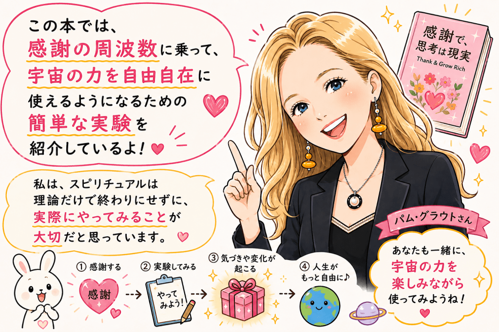  alt="『感謝で、思考は現実』の著者パム・グラウトさんが、感謝の周波数に乗るための実験を実際に試してみる大切さを読者に伝えているイラスト"