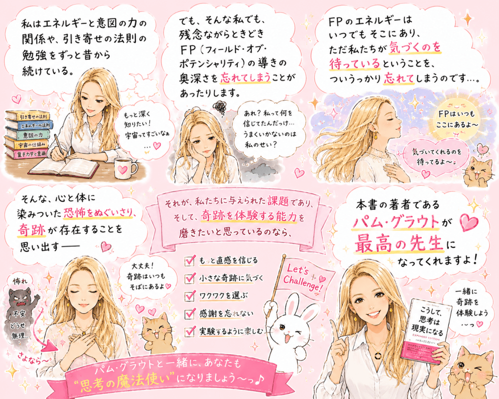 alt="『こうして、思考は現実になる』を紹介するイラスト。FP(フィールド・オブ・ポテンシャリティ)は常に私たちを導いており、恐れを手放して小さな奇跡に気づく大切さや、パム・グラウトと一緒に思考の力を実験する楽しさを描いている"