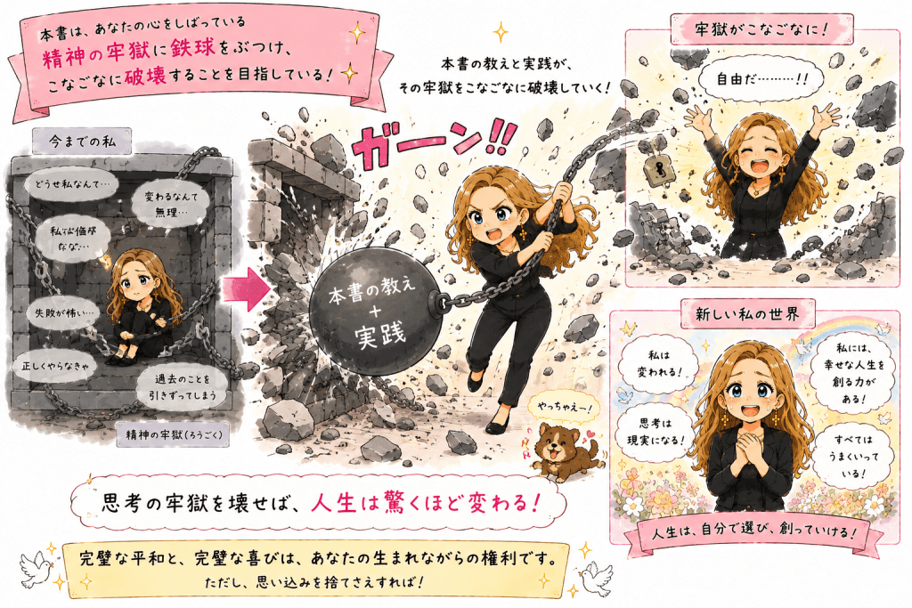 alt="「奇跡のコース」を何度も実践しながら思い込みを少しずつ手放し、自分には幸せな人生を創る力もあると気づいていく様子を描いたイラスト"