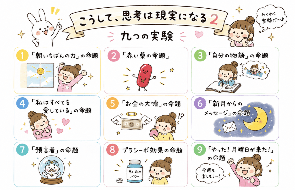 alt="『こうして、思考は現実になる2』で紹介されている9つの実験のタイトルを、シンプルでかわいいイラストとともに一覧で紹介した図"