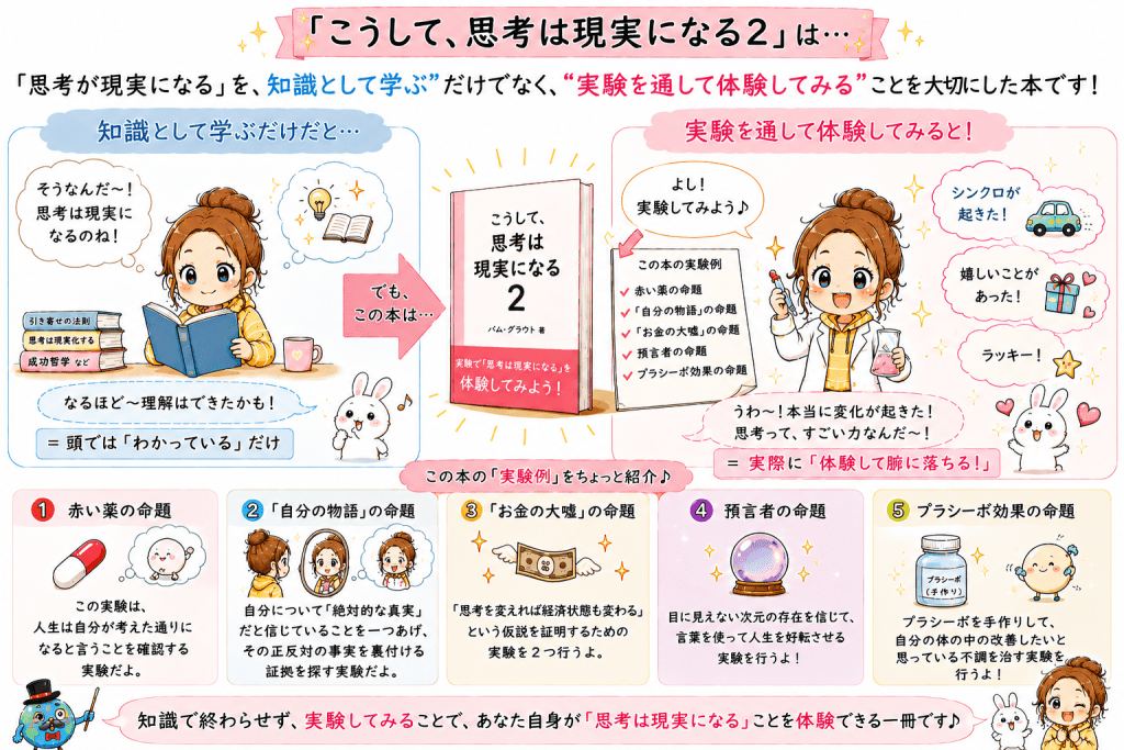 alt="『こうして、思考は現実になる2』の内容を紹介するイラスト。思考が現実になる仕組みを、実験を通して体験しながら学べることをわかりやすく解説している"