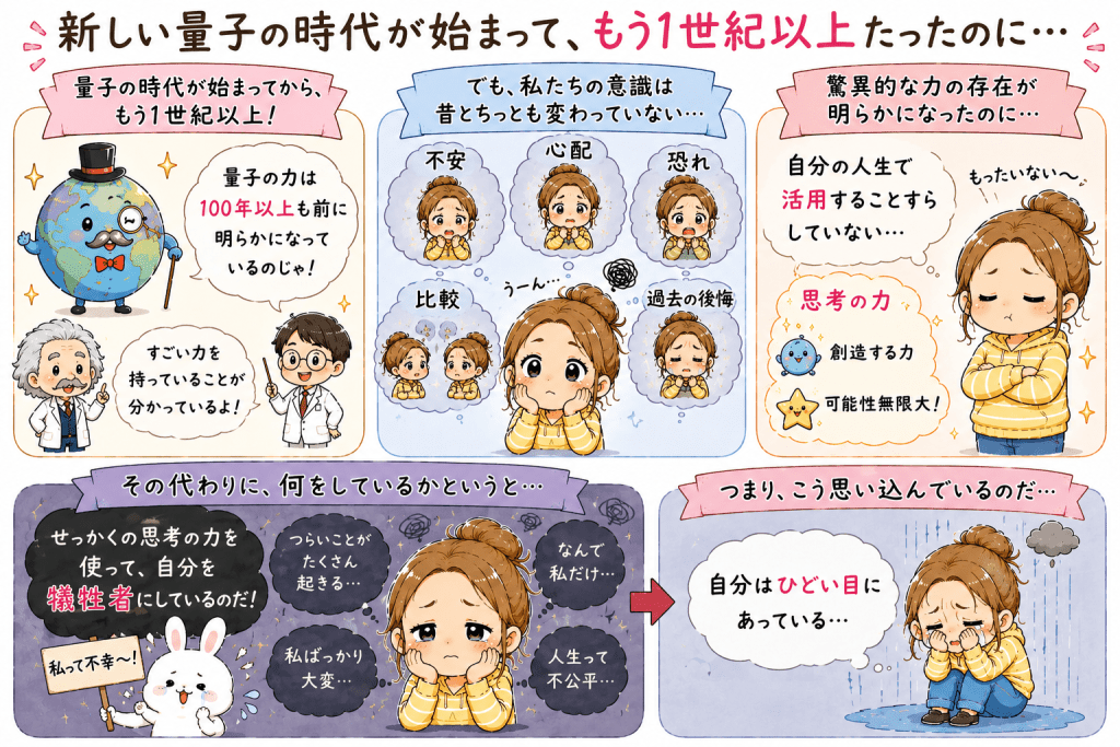 alt="新しい量子の時代が始まって100年以上経った今も、多くの人は思考の力を人生に活かさず、不安や比較、後悔によって自分を被害者だと思い込んでいることを解説したイラスト"