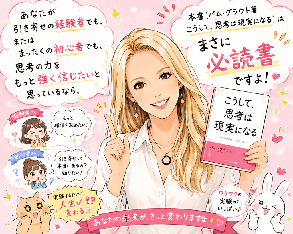 alt="『こうして、思考は現実になる』は引き寄せ経験者にも初心者にもおすすめの必読書と紹介するイラスト"