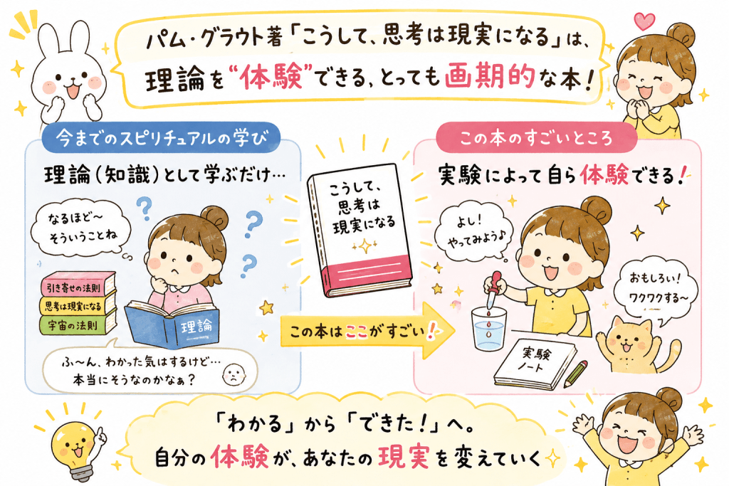 alt="『こうして、思考は現実になる』は、理論として学ぶだけでなく、実験を通して自ら体験できる画期的な内容であることを紹介したイラスト"