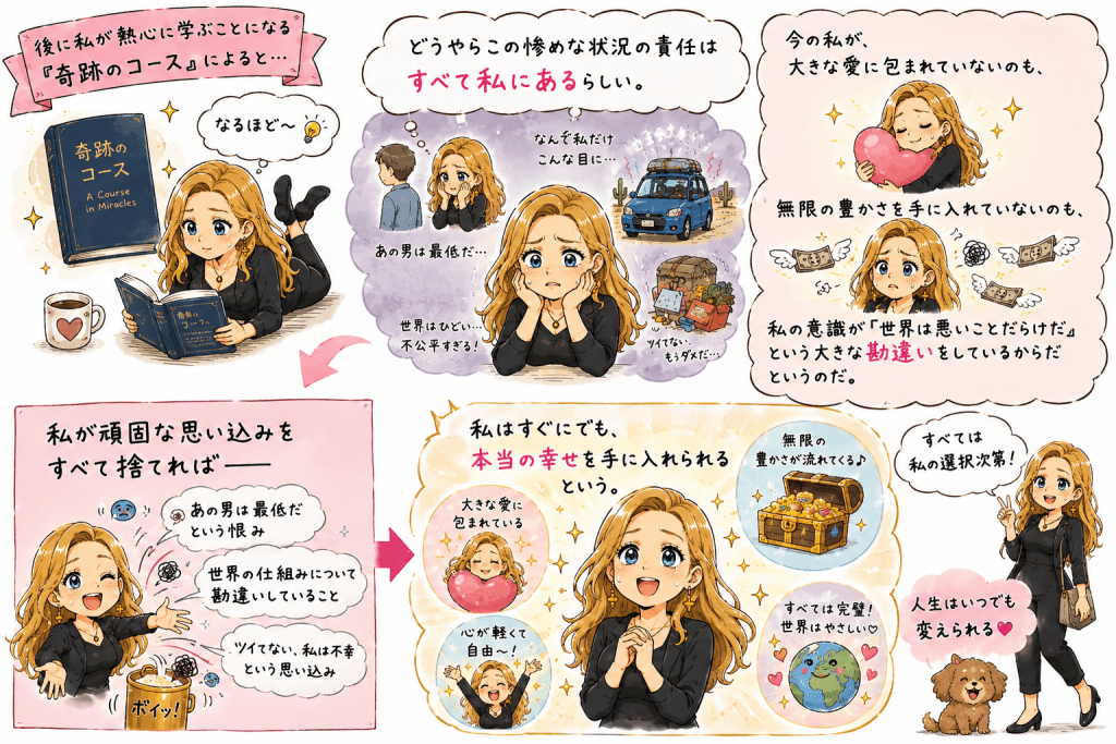 alt="『こうして、思考は現実になる2』の著者パム・グラウトが『奇跡のコース』を学び、自分の思い込みを手放すことで本当の幸せや豊かさに気づく過程を描いたイラスト"