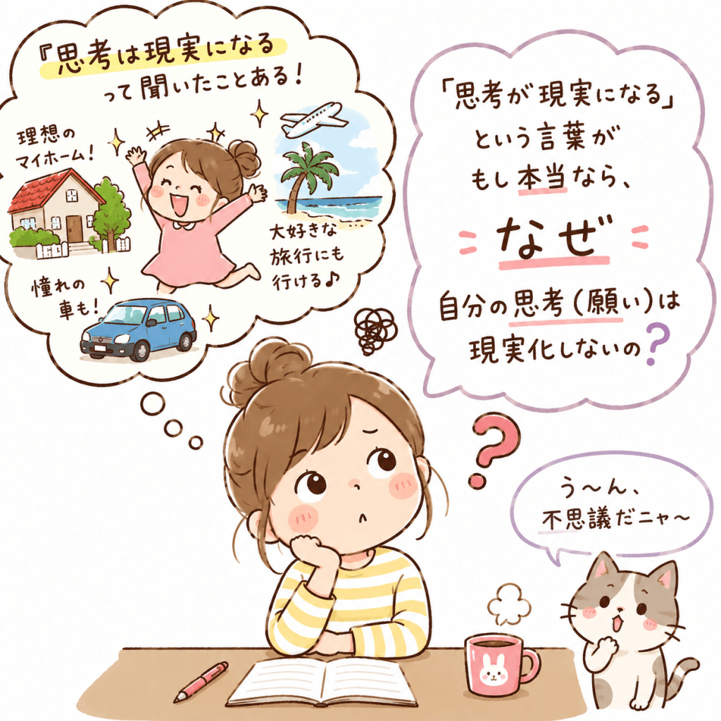 alt="『こうして、思考は現実になる2』の書評イラスト|思考が現実になるのになぜ願いが現実化しないのか疑問に思う女性"