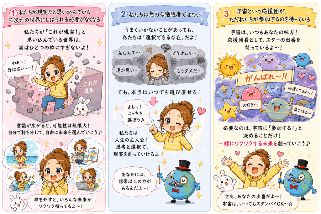 alt="量子の考え方をもとに、現実という思い込みの枠を外し、自分で未来を選べること、そして宇宙は私たちを応援しているという考え方をかわいいイラストで解説した図"