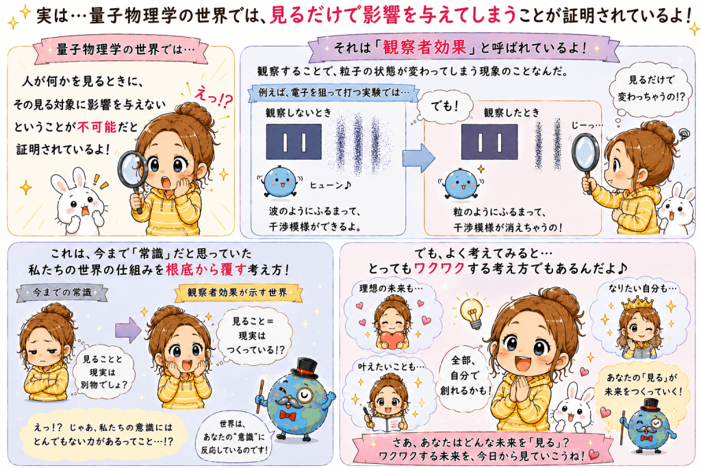 alt="量子物理学の観察者効果をイラストでわかりやすく解説。観察によって粒子の振る舞いが変化する現象と、その考え方を紹介する図解"