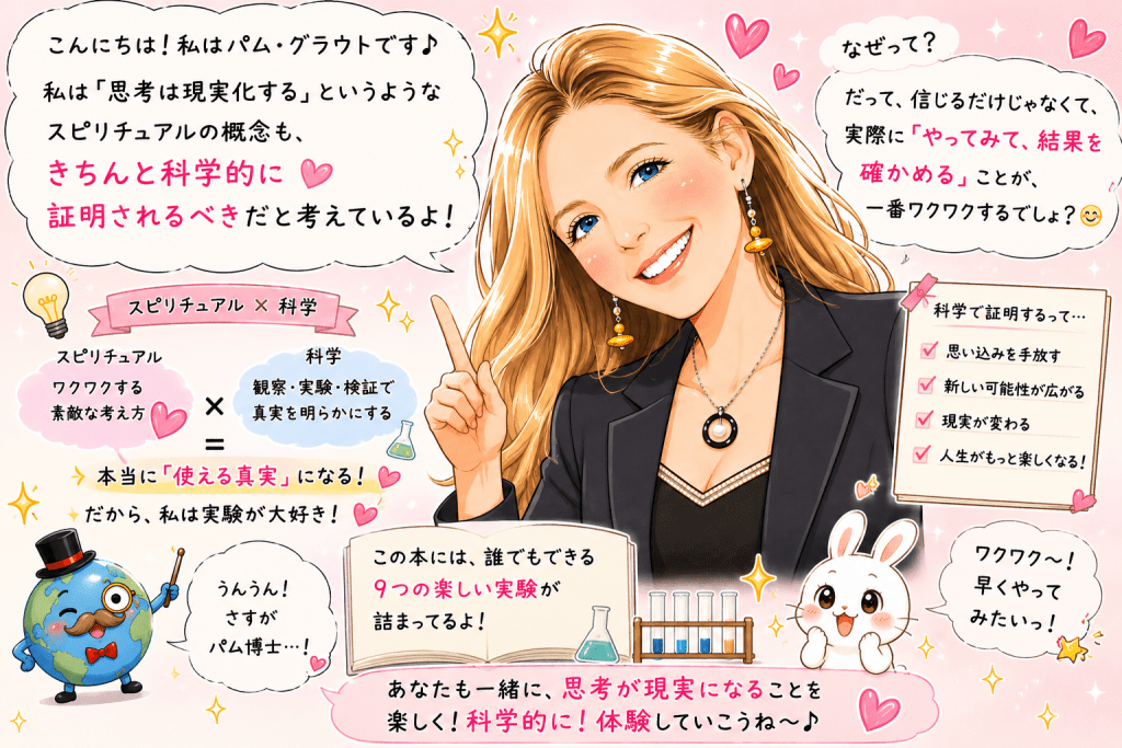 alt="『こうして、思考は現実になる2』の著者パム・グラウトが、思考は現実化するという考え方を科学的な実験で確かめることの大切さを読者に伝えているイラスト"