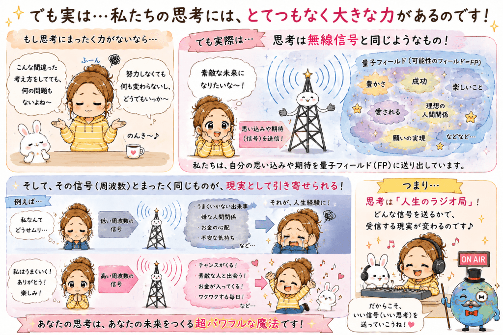 alt="思考には大きな力があり、思い込みや期待は無線信号のように量子フィールドへ送られ、同じ周波数の現実を引き寄せる仕組みをわかりやすく解説したイラスト"