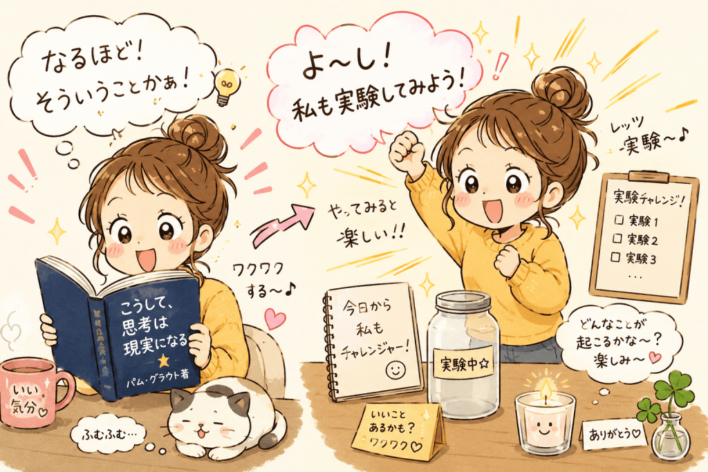 alt="『こうして、思考は現実になる2』を読み、「なるほど!」と納得して笑顔で実験に挑戦しようとする女性のイラスト"