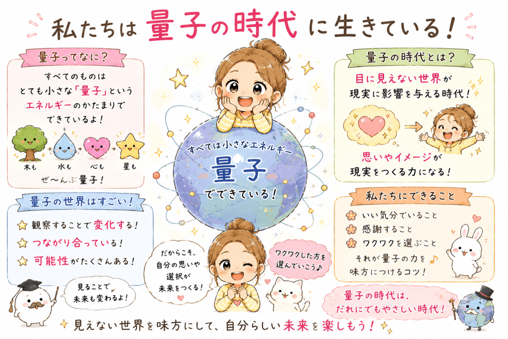 alt="私たちは量子の時代に生きていることを、量子の基本や見えない世界とのつながりをかわいいイラストでわかりやすく解説した図"